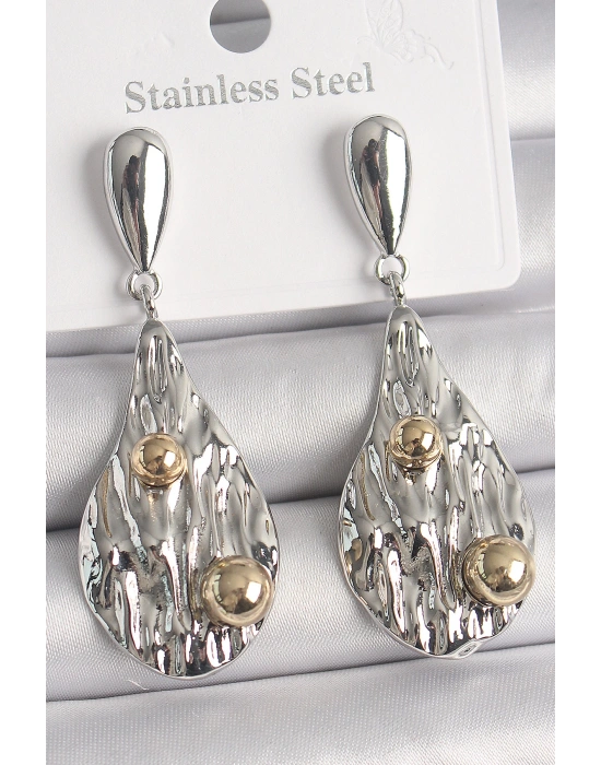 MuI MuI Pirinç Gümüş Renk Sallantı Damla Model Gold Topçuk Detay Kadın Küpe