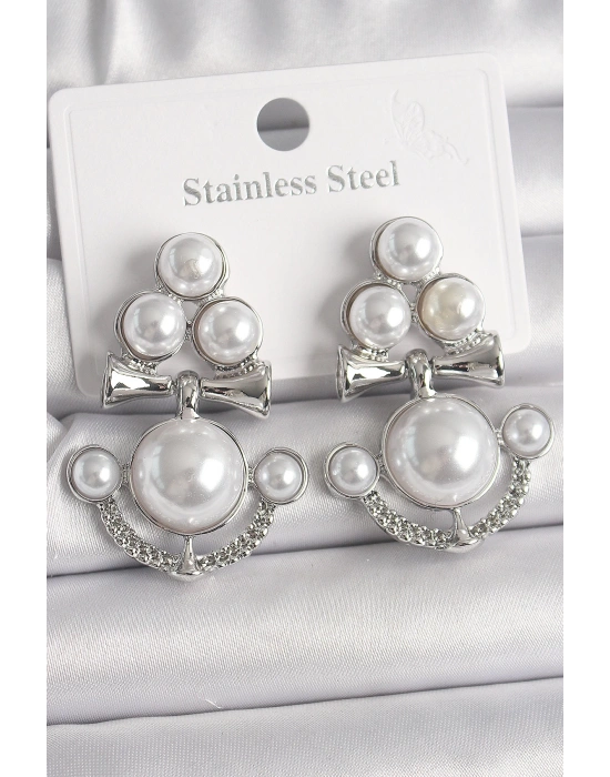 MuI MuI Pirinç Gümüş Renk Sallantı İncili Çapa Model Kadın Küpe