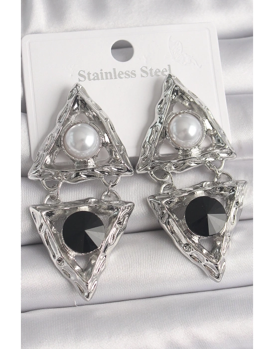 MuI MuI Pirinç Gümüş Renk Sallantı Üçgen Model İnci Detay Kadın Küpe