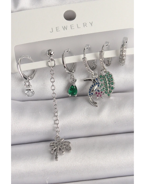 MuI MuI Pirinç Gümüş Renk Sallantı Zirkon Taşlı Ağaç Figür Çoklu Kadın Küpe Seti