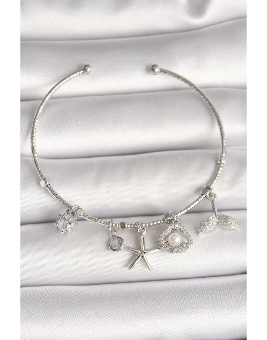MuI MuI Pirinç Gümüş Renk Sallantı Zirkon Taşlı Deniz Yıldız Figür Balık Kuyruğu Detay Charm Kadın Bileklik