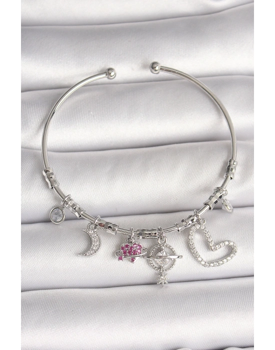 MuI MuI Pirinç Gümüş Renk Sallantı Zirkon Taşlı Gezegen Figür Kalp Detay Charm Kadın Bileklik