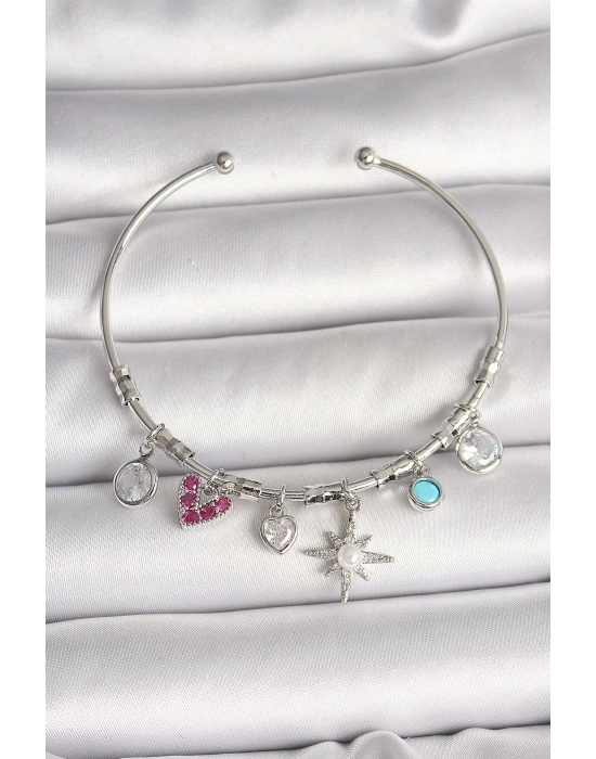 MuI MuI Pirinç Gümüş Renk Sallantı Zirkon Taşlı Kutup Yıldız Figür Kalp Detay Charm Kadın Bileklik