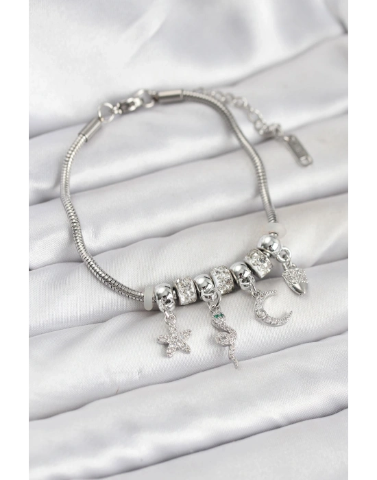 MuI MuI Pirinç Gümüş Renk Yılan Charmlı Kadın Bileklik