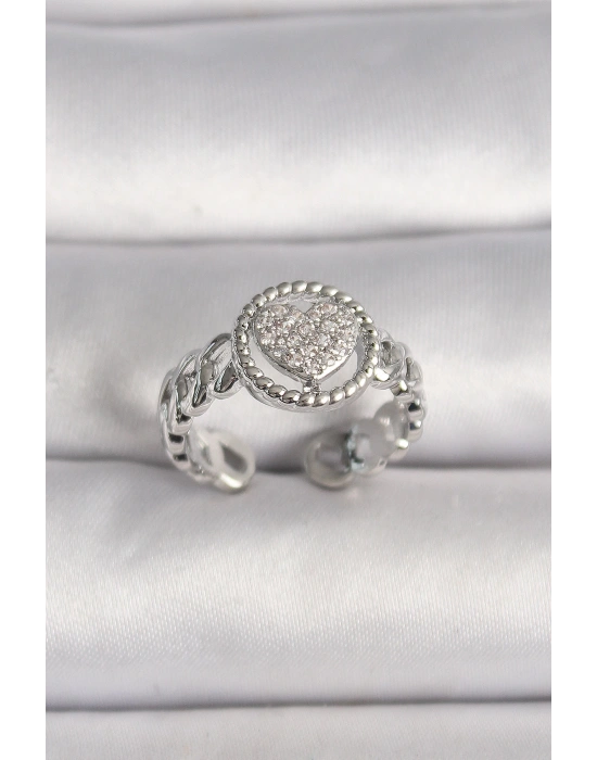 MuI MuI Pirinç Gümüş Renk Zincir Model Zirkon Taşlı Kalp Model Kadın Yüzük