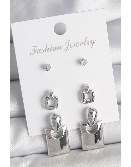 MuI MuI Pirinç Gümüş Renk Zirkon Taş Detay Sallantılı Kare Model 3 Çift Kadın Küpe Seti