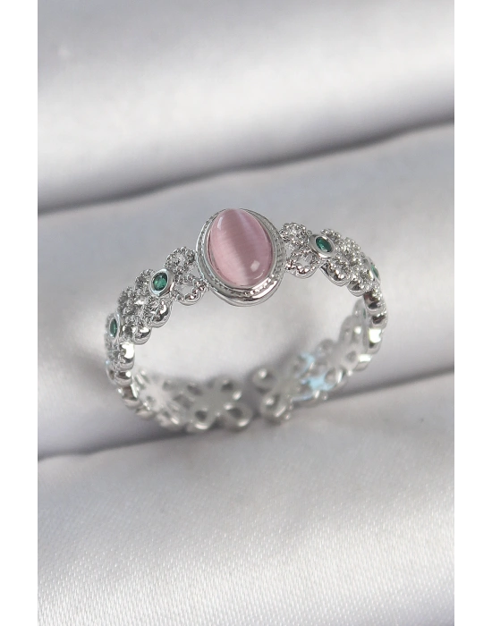 MuI MuI Pirinç Gümüş Renk Zirkon Taş Detaylı Pembe Mineli Damla Model Ayarlanabilir Kadın Yüzük