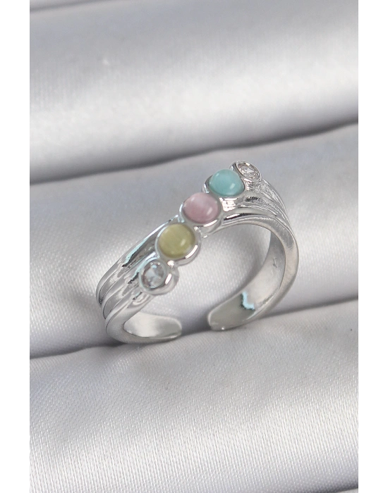 MuI MuI Pirinç Gümüş Renk Zirkon Taş Detaylı Renkli Mineli Ayarlanabilir Kadın Yüzük