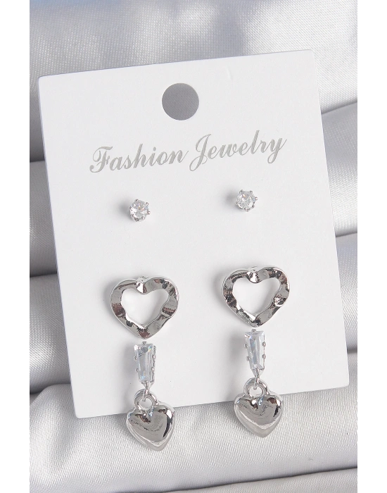 MuI MuI Pirinç Gümüş Renk Zirkon Taş Detaylı Sallantı Model 2 Çift Kadın Küpe Seti