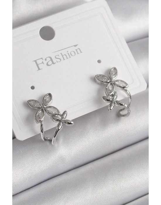 MuI MuI Pirinç Gümüş Renk Zirkon Taşlı 2Li Çiçek Model Kadın Küpe