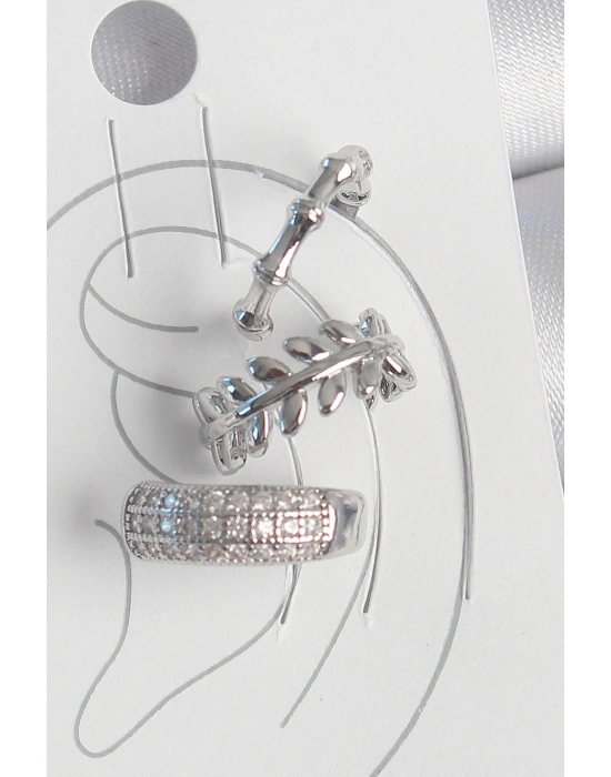 MuI MuI Pirinç Gümüş Renk Zirkon Taşlı 3Lü Model Yaprak Figür Kadın Kıkırdak Küpe