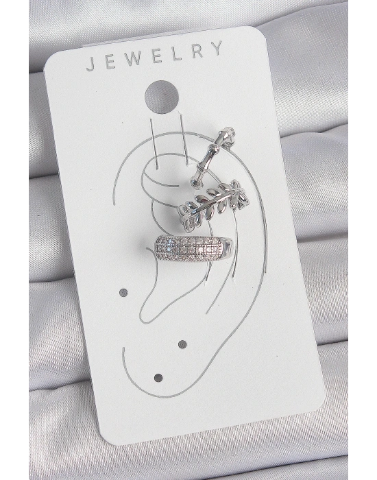 MuI MuI Pirinç Gümüş Renk Zirkon Taşlı 3Lü Model Yaprak Figür Kadın Kıkırdak Küpe