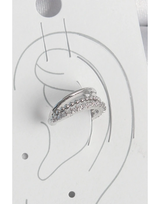 MuI MuI Pirinç Gümüş Renk Zirkon Taşlı 3Lü Sıralı Kadın Kıkırdak Küpe