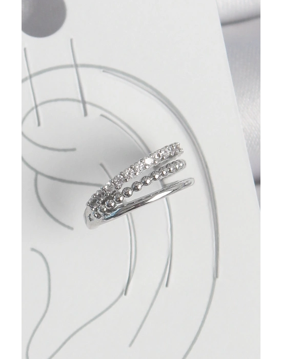 MuI MuI Pirinç Gümüş Renk Zirkon Taşlı 3Lü Sıralı Model Kadın Kıkırdak Küpe