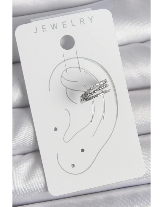 MuI MuI Pirinç Gümüş Renk Zirkon Taşlı 3Lü Sıralı Model Kadın Kıkırdak Küpe