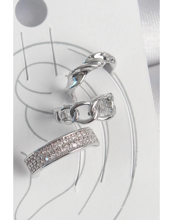 MuI MuI Pirinç Gümüş Renk Zirkon Taşlı 3Lü Zincir Sarmal Model Kadın Kıkırdak Küpe