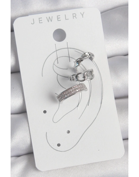 MuI MuI Pirinç Gümüş Renk Zirkon Taşlı 3Lü Zincir Sarmal Model Kadın Kıkırdak Küpe