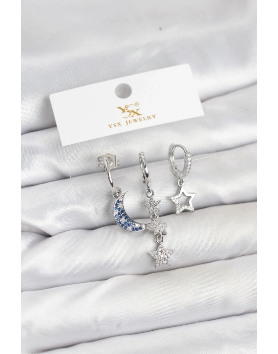 MuI MuI Pirinç Gümüş Renk Zirkon Taşlı Ay ve Yıldız Model YSX Trio Küpe Seti
