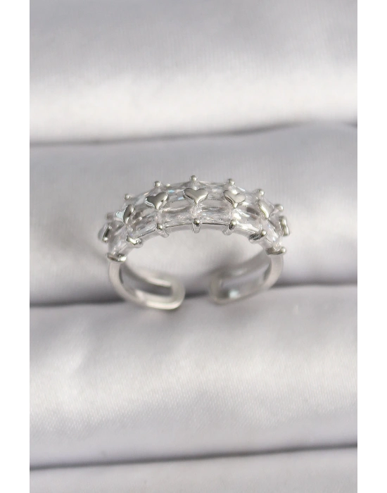 MuI MuI Pirinç Gümüş Renk Zirkon Taşlı Ayarlanabilir Yüzük