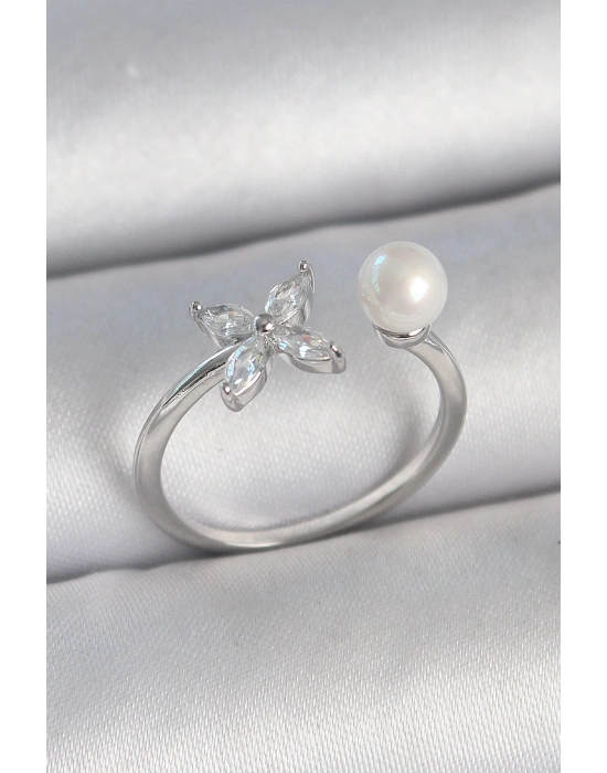 MuI MuI Pirinç Gümüş Renk Zirkon Taşlı Çiçek Model İnci Detay Ayarlanabilir Kadın Yüzük