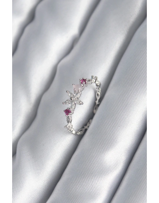 MuI MuI Pirinç Gümüş Renk Zirkon Taşlı Çiçek Model Pembe Zirkon Taş Detay Kadın Yüzük