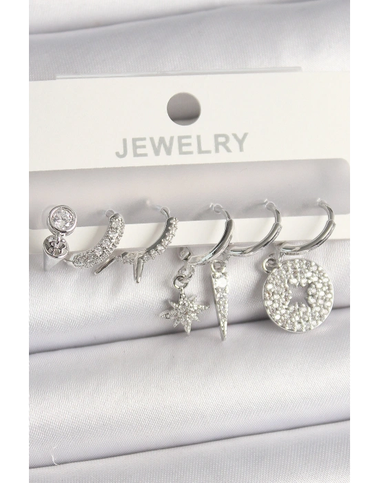 MuI MuI Pirinç Gümüş Renk Zirkon Taşlı Çoklu Figür Kadın Küpe Seti