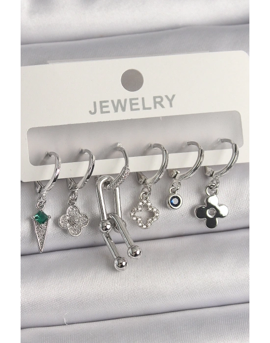 MuI MuI Pirinç Gümüş Renk Zirkon Taşlı Çoklu Figür Kadın Küpe Seti