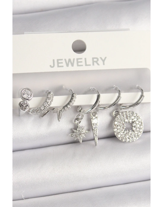 MuI MuI Pirinç Gümüş Renk Zirkon Taşlı Çoklu Figür Kadın Küpe Seti