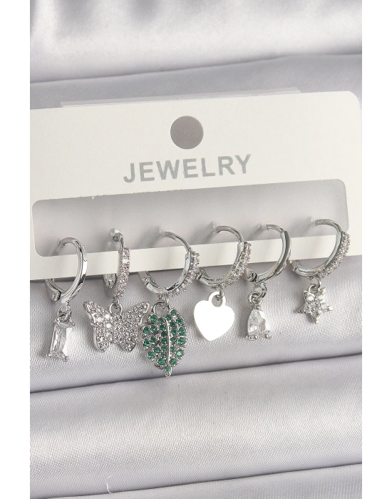 MuI MuI Pirinç Gümüş Renk Zirkon Taşlı Çoklu Figür Kadın Küpe Seti