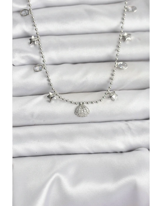 MuI MuI Pirinç Gümüş Renk Zirkon Taşlı Deniz Kabuğu Model Kadın Kolye