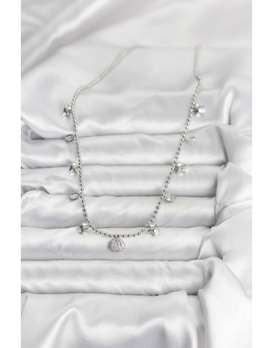 MuI MuI Pirinç Gümüş Renk Zirkon Taşlı Deniz Kabuğu Model Kadın Kolye