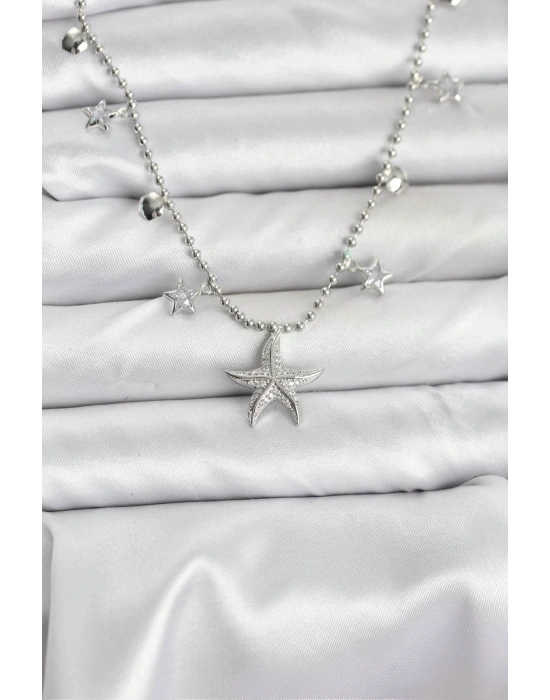 MuI MuI Pirinç Gümüş Renk Zirkon Taşlı Deniz Yıldızı Model Kadın Kolye