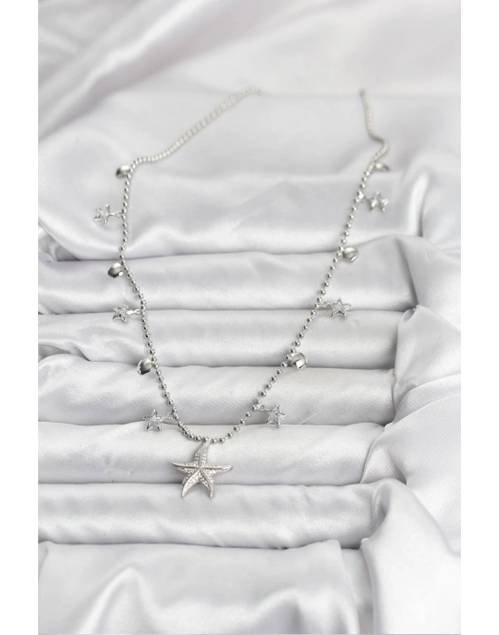 MuI MuI Pirinç Gümüş Renk Zirkon Taşlı Deniz Yıldızı Model Kadın Kolye