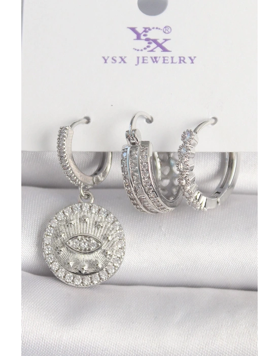 MuI MuI Pirinç Gümüş Renk Zirkon Taşlı Göz İşlemeli Halka Model 3Lü Kadın Kombin Küpe