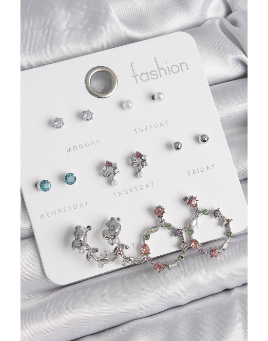 MuI MuI Pirinç Gümüş Renk Zirkon Taşlı Gül Figür Halka Model 7 Çift Kadın Küpe Seti