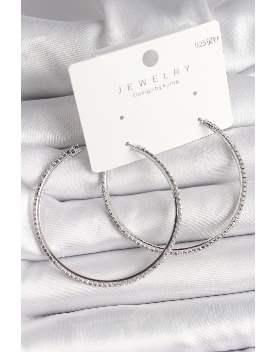 MuI MuI Pirinç Gümüş Renk Zirkon Taşlı Halka Model Kadın Küpe