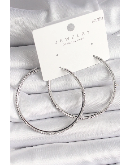 MuI MuI Pirinç Gümüş Renk Zirkon Taşlı Halka Model Kadın Küpe