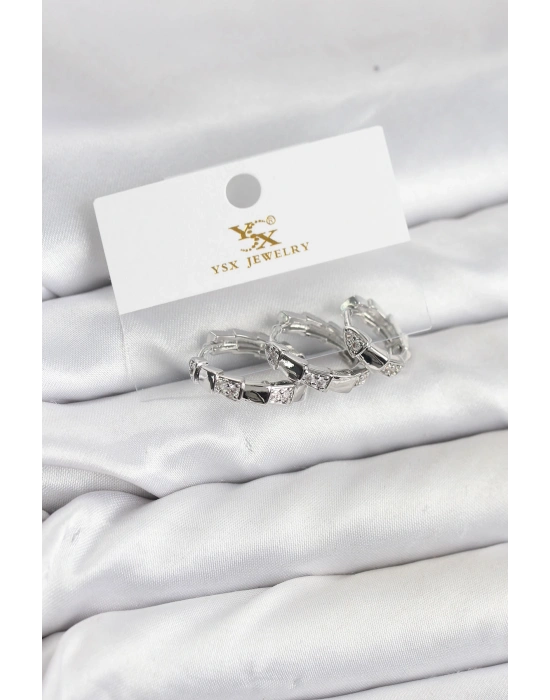 MuI MuI Pirinç Gümüş Renk Zirkon Taşlı Halka Yılan Model YSX Trio Küpe Seti