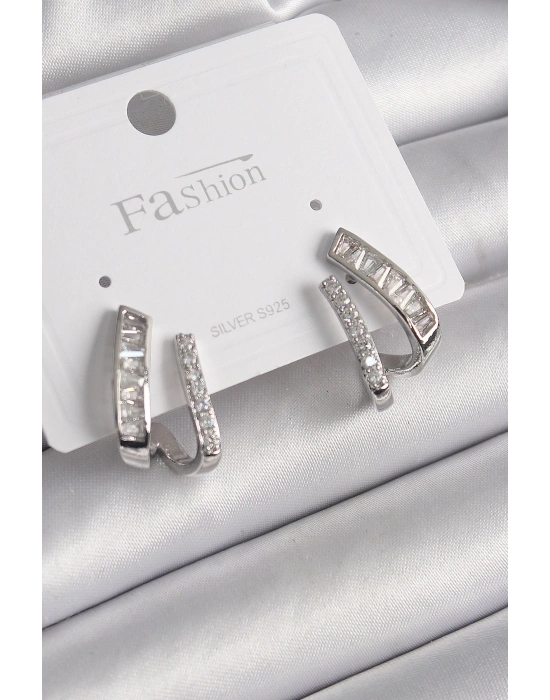 MuI MuI Pirinç Gümüş Renk Zirkon Taşlı Kadın Küpe