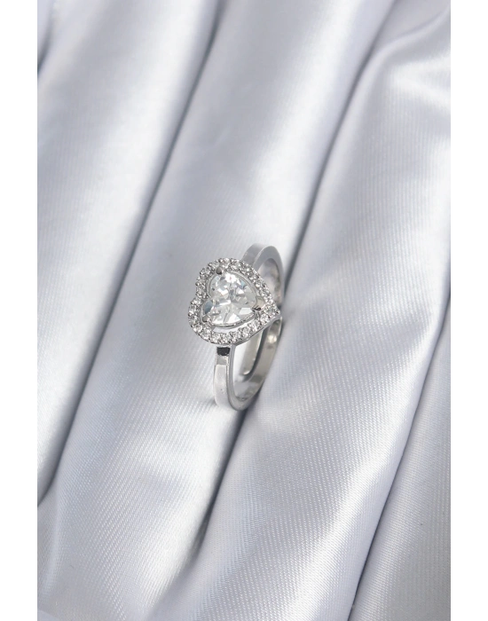 MuI MuI Pirinç Gümüş Renk Zirkon Taşlı Kalp Charm Model Kadın Yüzük