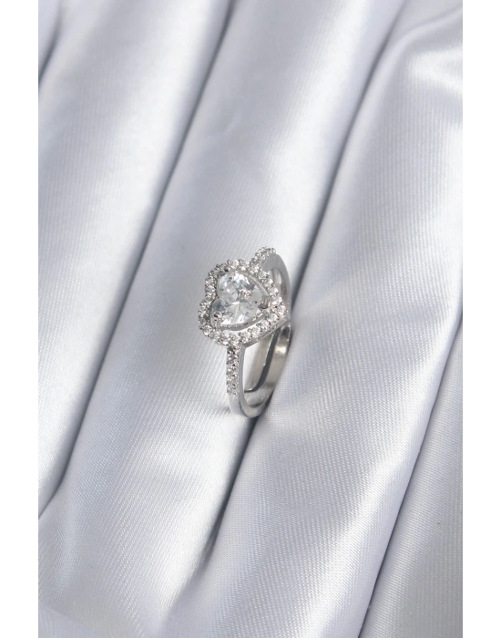 MuI MuI Pirinç Gümüş Renk Zirkon Taşlı Kalp Charm Model Kadın Yüzük