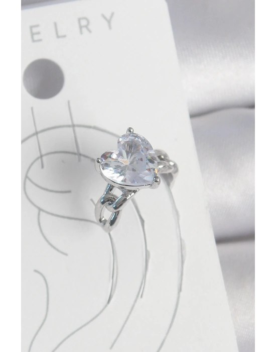 MuI MuI Pirinç Gümüş Renk Zirkon Taşlı Kalp Model Kadın Kıkırdak Küpe