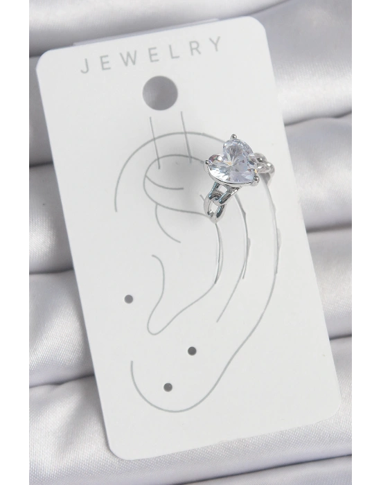 MuI MuI Pirinç Gümüş Renk Zirkon Taşlı Kalp Model Kadın Kıkırdak Küpe