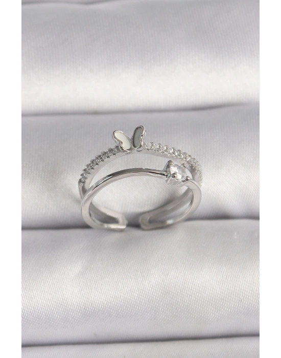 MuI MuI Pirinç Gümüş Renk Zirkon Taşlı Kelebek Figürlü Ayarlanabilir Yüzük