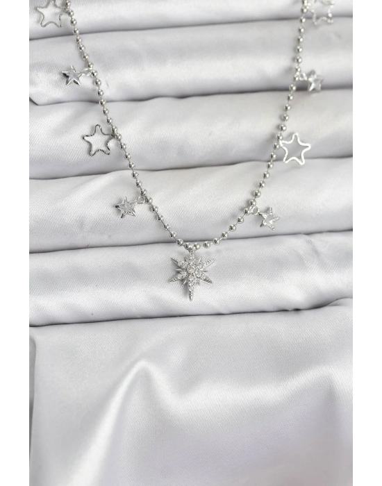 MuI MuI Pirinç Gümüş Renk Zirkon Taşlı Kutup Yıldızı Model Kadın Kolye