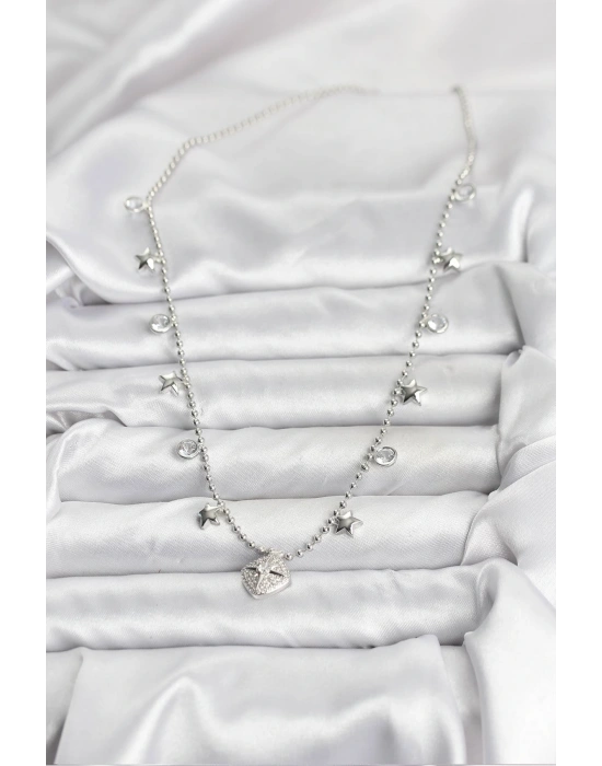 MuI MuI Pirinç Gümüş Renk Zirkon Taşlı Kutup Yıldızı Model Kadın Kolye