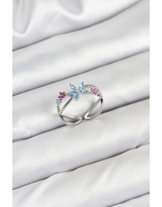 MuI MuI Pirinç Gümüş Renk Zirkon Taşlı Mavi Çiçekli Kadın Yüzük