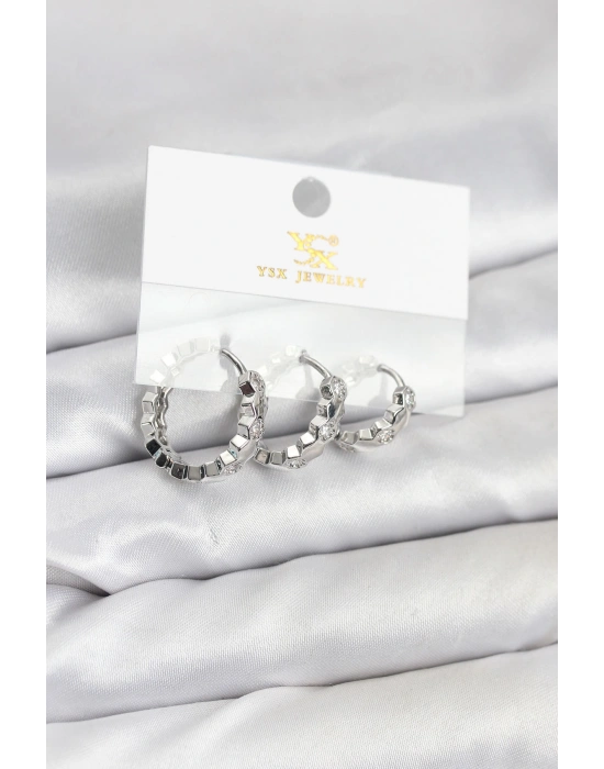 MuI MuI Pirinç Gümüş Renk Zirkon Taşlı Petek Halka Model YSX Trio Küpe Seti