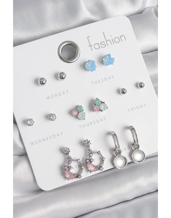 MuI MuI Pirinç Gümüş Renk Zirkon Taşlı Sallantı Halka Model Çiçek Detay 7 Çift Kadın Küpe Seti