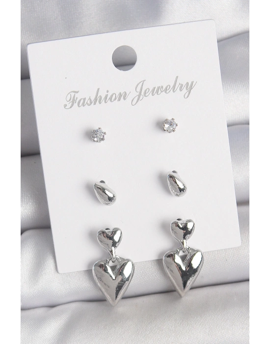 MuI MuI Pirinç Gümüş Renk Zirkon Taşlı Sallantılı Kalp Model 3 Çift Kadın Küpe Seti